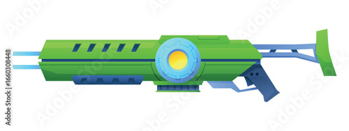 Futuristic alien laser gun weapon design featuring vibrant colors and unique shapes isolated on a white background