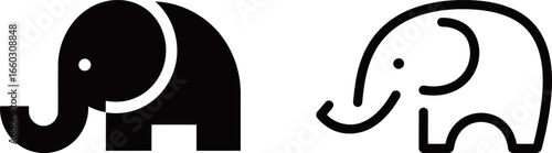 Set of two simple elephant icons in a black silhouette and a bold outline style. Perfect for a minimalist logo or graphic design.