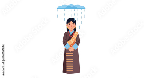 Smiling woman in traditional Tibetan attire standing under a cartoon rain cloud.