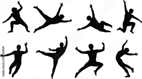 Silhouettes of dancers in dynamic poses performing energetic movements, showcasing graceful jumps, stretches, and expressive dance positions in artistic vector illustration