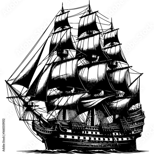 Sailing Vessel: An illustration of a tall sailing vessel, a majestic ship traversing the boundless ocean, with every sail unfurled, riding the crests of the sea. 