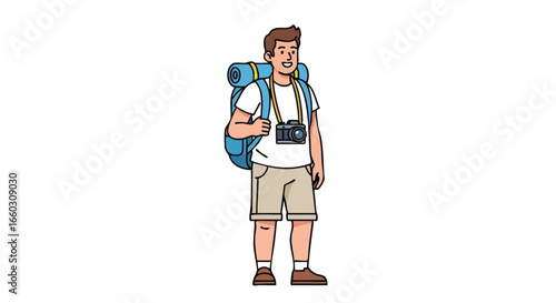 Smiling young male traveler character with a large blue backpack and a camera.
