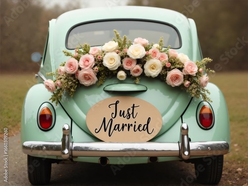 ミントグリーンのレトロカー後面と結婚の花飾りとJust Marriedサイン