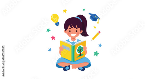 Vector illustration of a smiling schoolgirl studying with a book and learning symbols.