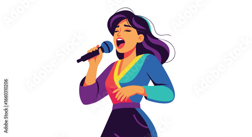 Vibrant illustration of a female vocalist singing passionately into a microphone.