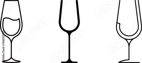 A set of three line art icons depicting different styles of wine glasses, ideal for a beverage or restaurant-themed design.