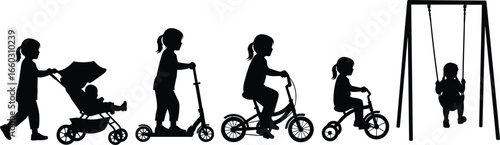PrintSilhouettes of children playing with stroller, scooter, bicycle, tricycle, and swing, childhood mobility vector illustration for park and activity themes