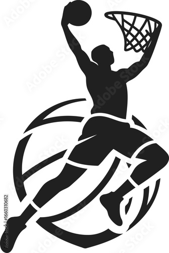 A black and white logo icon of a basketball player performing a slam dunk, with a basketball and hoop, representing the sport and its energy.