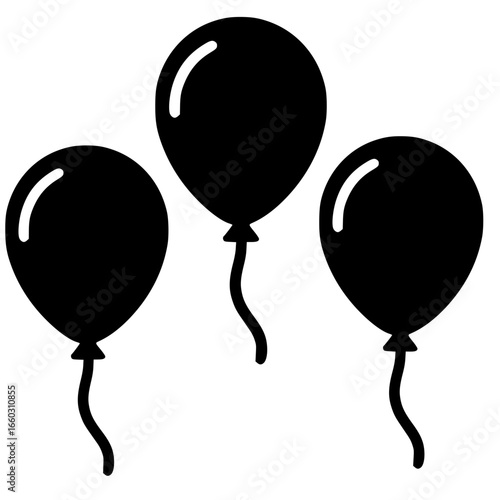 Floating Trio: Three sleek black balloons, each tethered by a delicate string, float against an empty background. This simple yet elegant illustration embodies a sense of celebration and levity.