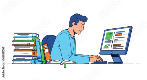 Young male student at a desk with books engaged in elearning on a computer.