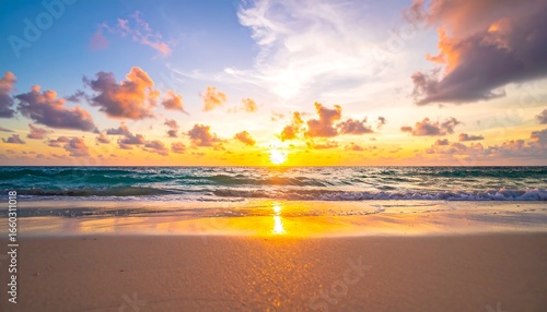 A breathtaking sunset paints the tropical beach with vibrant hues of orange, pink, and gold, showcasing the tranquil ocean waves gently lapping the shore.