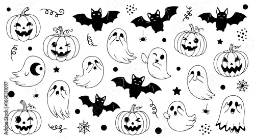Cute Halloween Illustrations A Spooky Collection of Pumpkins, Ghosts, and Bats for Festive Designs