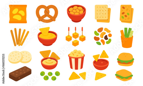 Flat design assorted snacks collection: chips, pretzels, popcorn, and dips