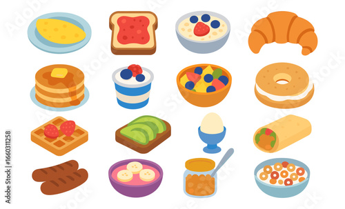 Colorful breakfast icons: croissant, pancakes, waffles, avocado toast, and more