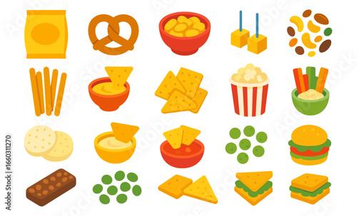 Colorful snack collection: chips, popcorn, and crunchy treats for food designs