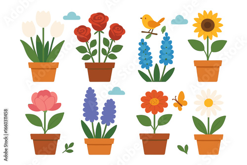 Colorful potted flowers and birds illustration in flat style
