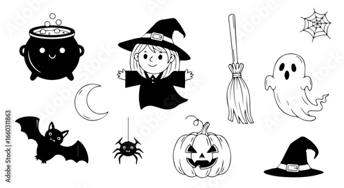 Set of cute Halloween clip art icons. Hand-drawn black and white illustrations of a witch, pumpkin, ghost, bat, and cauldron for holiday design.