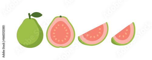 Flat style guava illustrations in various slices and views