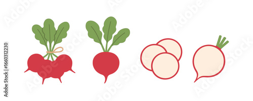 Flat radish icons set with leaves and slices on white background