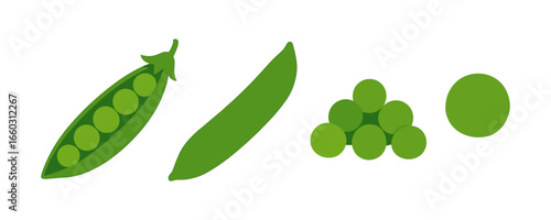 Green peas icons collection: pod, shelled, and whole variations in flat style