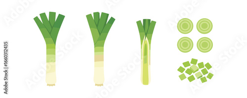 Fresh leek set with sliced and diced pieces for culinary design