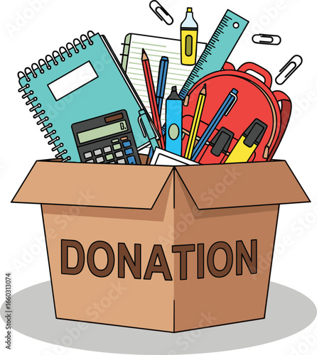 Donation box filled with school supplies including backpack, notebooks, pencils, and calculator, promoting charity, education support, and community help vector illustration