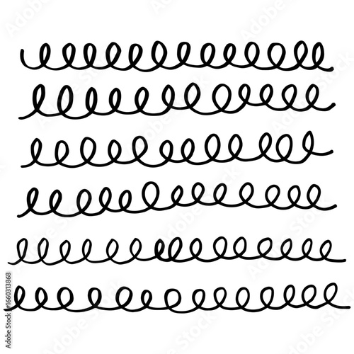 six black doodle swirls lined up on top of one another