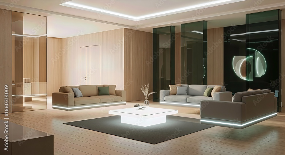 Fototapeta premium Contemporary Living Room with Sleek Design, Soft Lighting, Modern Furniture, and Minimalist Aesthetic in Neutral Tones