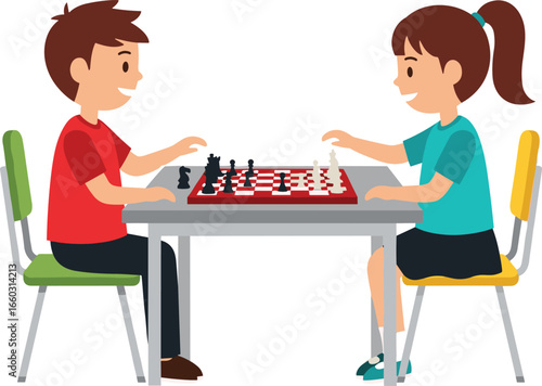 Two children playing chess at school table with chessboard and pieces, promoting strategy, learning, competition, and cognitive skills in vector illustration