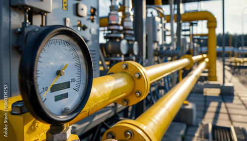 Pressure meter and red faucet with steel yellow pipe in gas