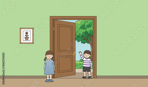 Two children standing in green room with open door to outdoor garden, waving and smiling, representing friendship, connection, and happy childhood vector illustration