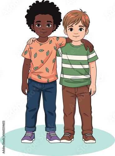 Two happy children standing together with arms around each other, representing friendship, unity, diversity, and childhood bonding in colorful vector illustration