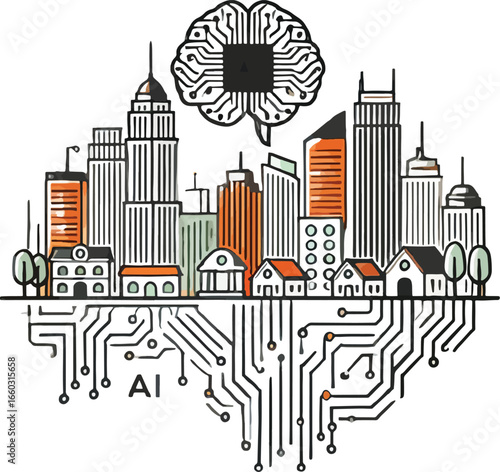 Artificial intelligence and smart city conceptual illustration depicting technology and urbanization