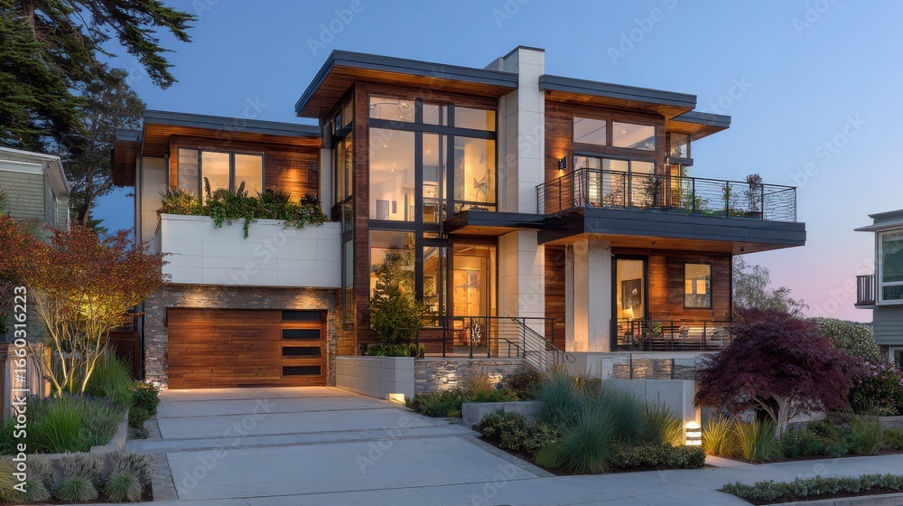 Fototapeta premium Modern Architectural Design of a Luxury Home at Dusk with Large Windows, Beautiful Gardens, and Warm Light in the Charming Neighborhood Setting