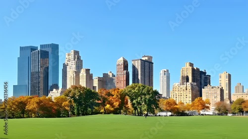 Central park. Manhattan, New York City. Aerial view of a cityscape with tall buildings and trees showcasing autumnal foliage. The sky is clear with a few clouds.