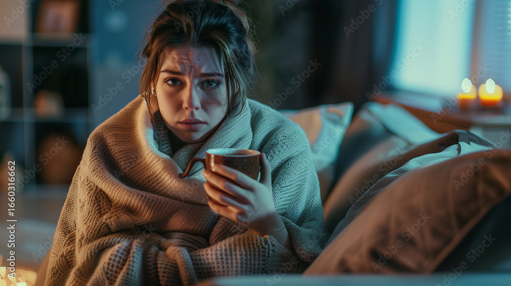 Obraz premium Sad and sick woman sitting on a sofa wrapped in a warm blanket and holding a cup of tea