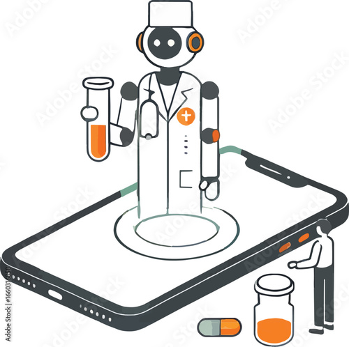 Innovative healthcare concept depicting robot doctor on smartphone with medical elements