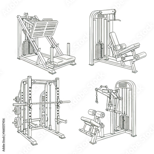 Collection of gym exercise machines isolated on white background