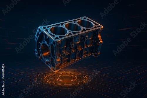 Metal engine block with three cylinders illuminated with blue and orange light against a dark background