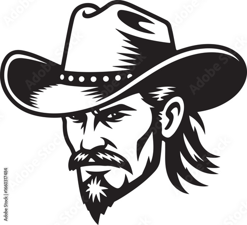 Intense Cowboy Portrait Vector Illustration with Hat and Stern Expression