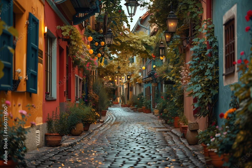 Fototapeta premium Charming cobblestone alleyway adorned with colorful buildings and lush greenery, creating a picturesque escape.