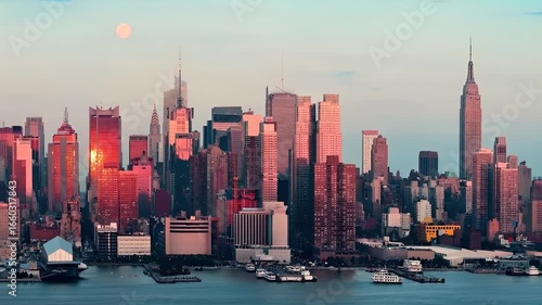 Wallpaper Mural Manhattan, New York City. Aerial view of New York City skyline during sunset with a full moon visible. Torontodigital.ca