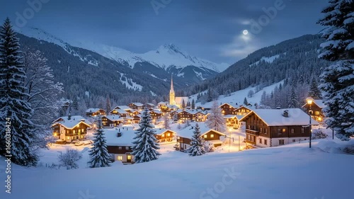 Snowy village night view under moonlight
