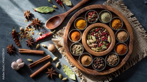 Fototapeta Naklejka Na Ścianę i Meble -  Spice selection in traditional wooden circular container with compartments filled with colorful ground spices, whole peppercorns, cardamom and scattered aromatic spices on dark surface