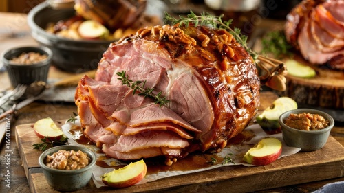 Cider glazed ham with caramelized coating on wooden cutting board, garnished with fresh thyme, apple slices and walnuts in rustic kitchen setting