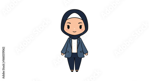 Cute Chibi Cartoon Muslim Businesswoman Wearing Hijab and Blazer.