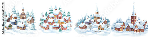 Set of isolated winter village scenes with snow-covered houses  