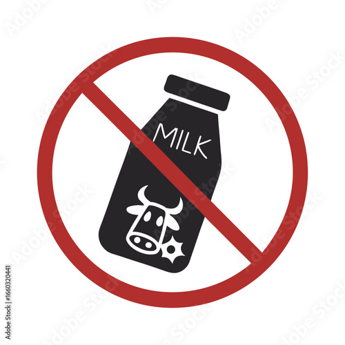 Isolated prohibition sign: This food and drink do not contain milk, suitable for lactose-intolerant and allergy label 