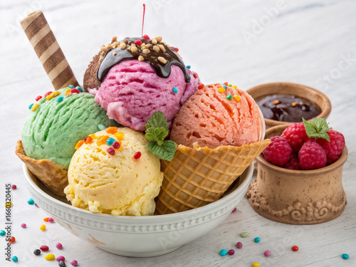 a bowl filled with four scoops of colorful ice cream in waffle cones, garnished with nuts, sprinkles, and mint leaves. There is a wafer roll, a small bowl of chocolate sauce, and a bowl of raspberries