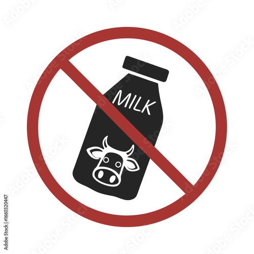 Isolated prohibition sign: This food and drink do not contain milk, suitable for lactose-intolerant and allergy label 